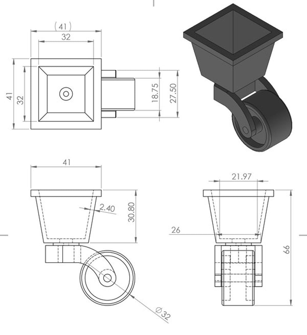 Brass Castor Square Cup with Rubber Tyre